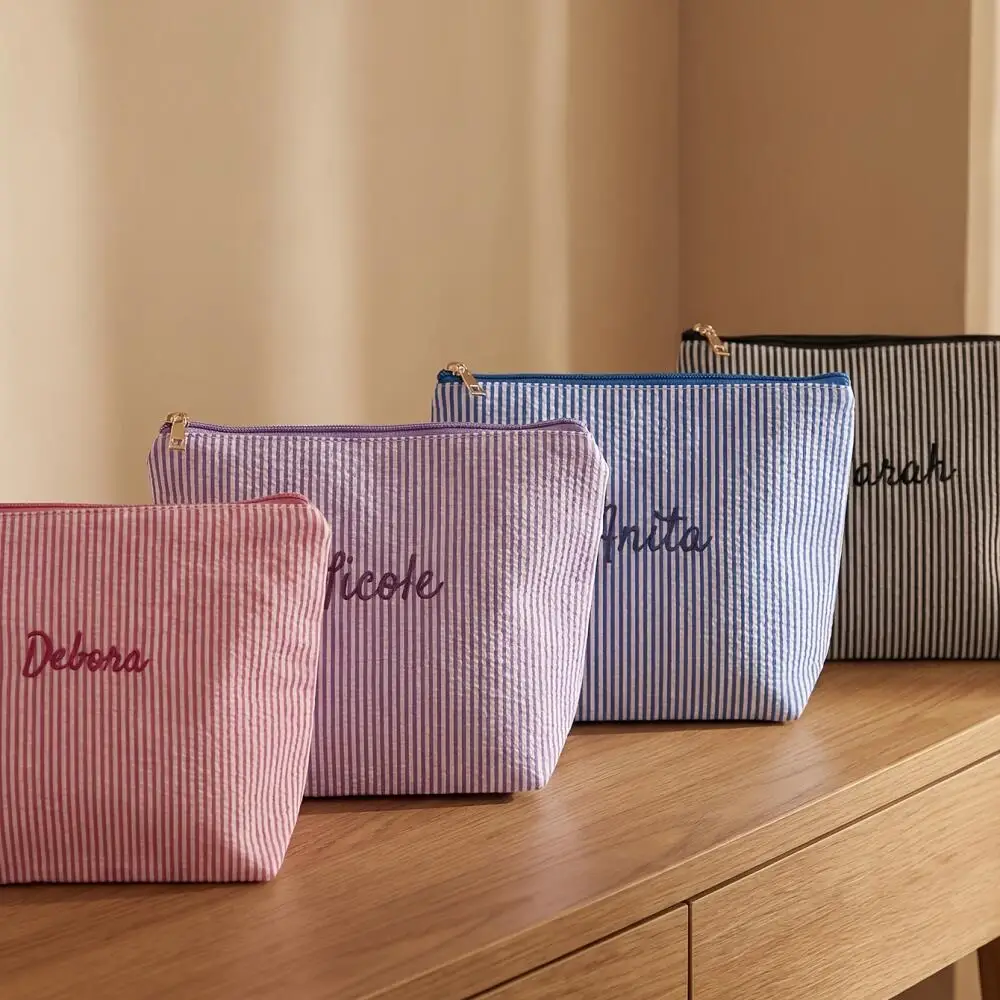Custom Embroidered Name Striped Cosmetic Bag with Free Heart Shape Mirror Zipper Makeup Pouch Travel Toiletry Storage Bag