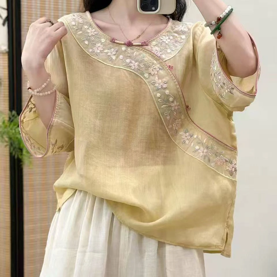 

Large Size Women's T-Shirt Summer New Embroidery Cotton Linen Base Shirt Overhead Button Cotton Linen Blend Comfortable Fit