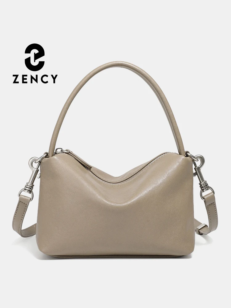 Zency Women's Grey Bag Purse 2025 New Genuine Leather Vintage Shoulder Bag Crossbody Versatile Solid Small Satchel Handbag