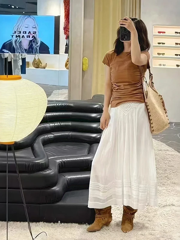 

Ele High Waist Embroidered Lace Midi Skirt Pure Color French Sle Casual Cotton A-Line f Body Skirt for Women