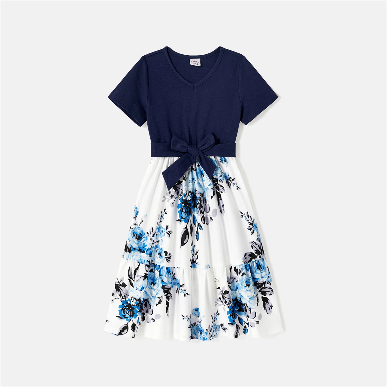 PatPat Family Matching 95% Cotton Dark Blue Short-sleeve T-shirts and Floral Print Spliced Dresses Sets