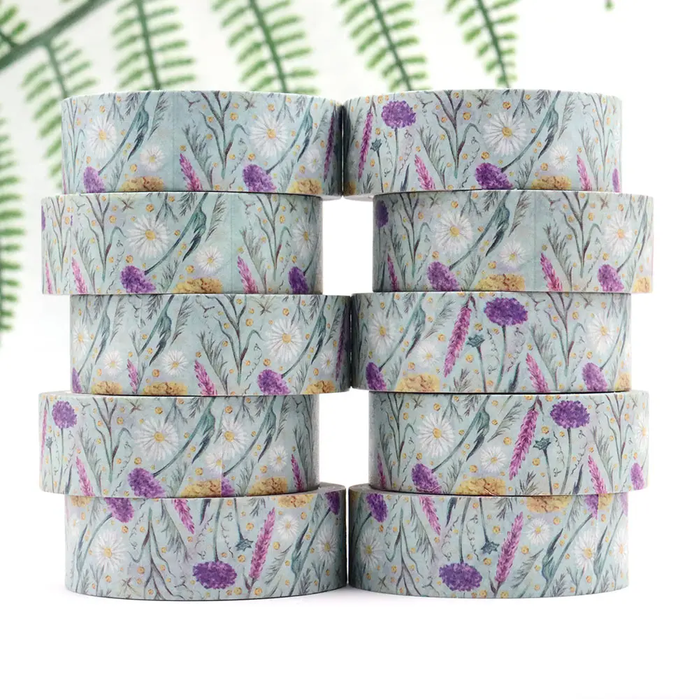 1PC 15mm x 10m Watercolor seamless wild flowers chamomile Floral Scrapbook Paper Masking Adhesive stationery Washi Tape sticker