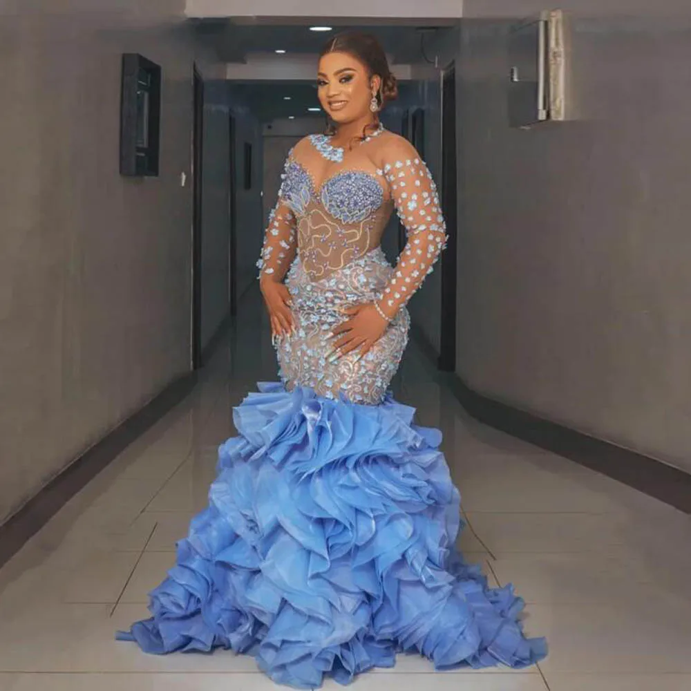 Nigeria Aso Ebi Evening Dresses With Ruffles Bottom Beads Illusion Long Sleevs Plus Size Prom Party Dress  Women Formal Gown