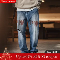 Maden Vintage Do Old Ripped Jeans for Men Wash Denim Loose Mid-waist Straight Pants Spring and Autumn Pants Letter Printed Jeans