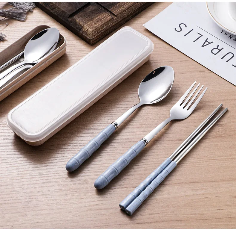 2/3pcs Wheat Straw Stainless Steel Portable Tableware Spoon Fork Chopsticks Set with Storage Box Dessert Fork Kitchen Supplies view 2