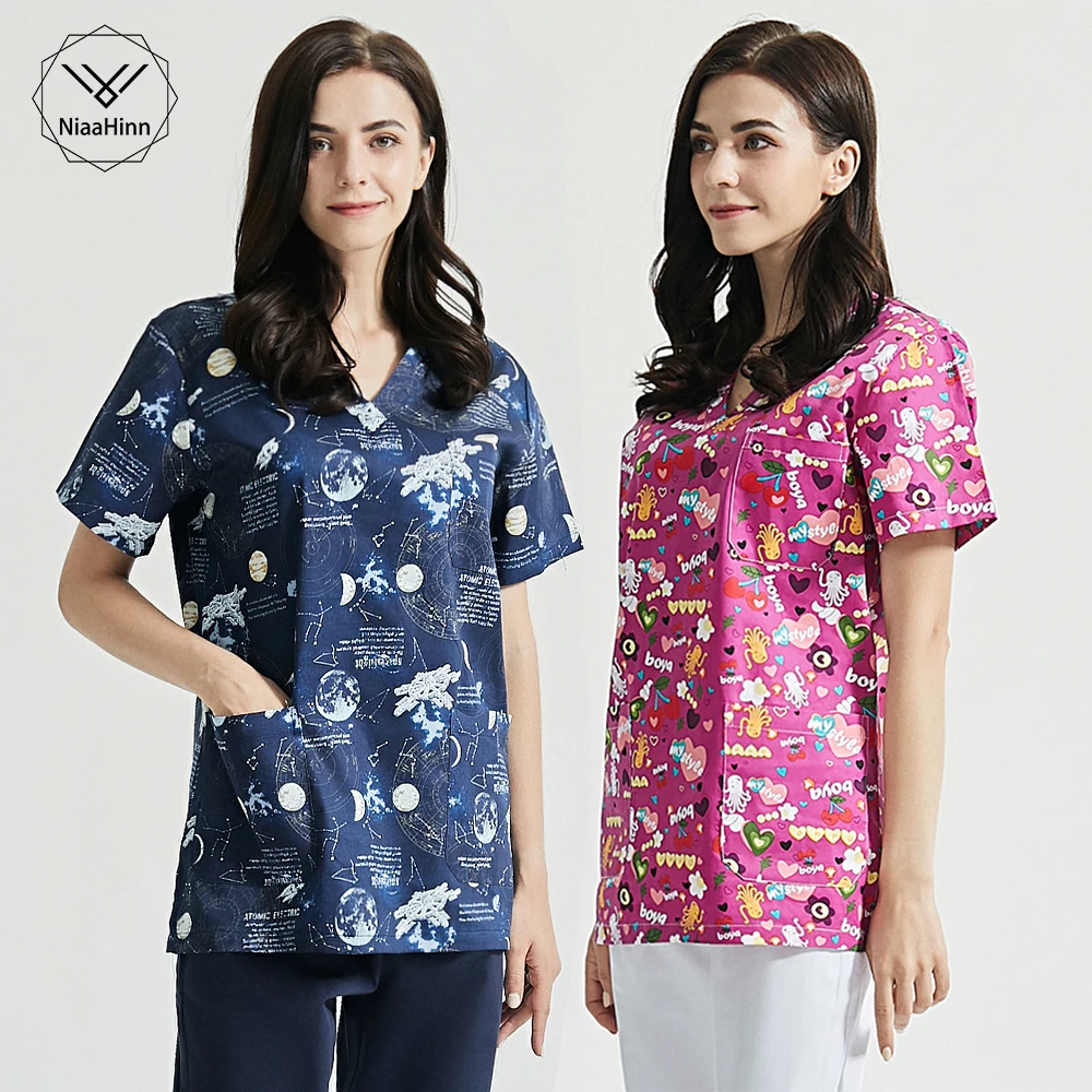 Ropa de trabajo Unisex con cuello en V para el cuidado de mascotas, camisetas de salón de belleza, uniformes de Spa, Camisa estampada