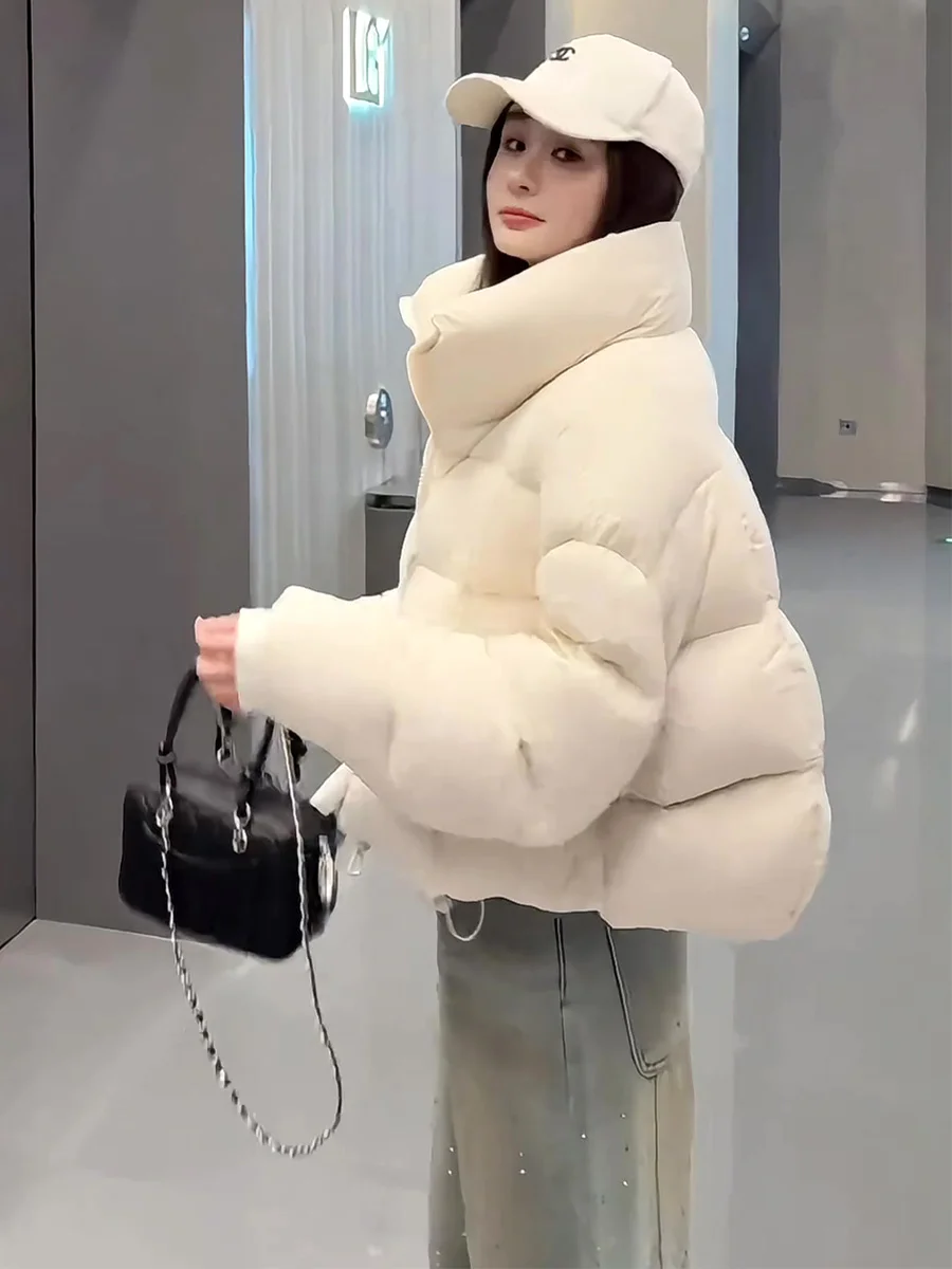

Puffy White Du down Jaet ort Loose Thiened Winter Warm Stand Collar Bread Sle Women's Coat Casual Faion