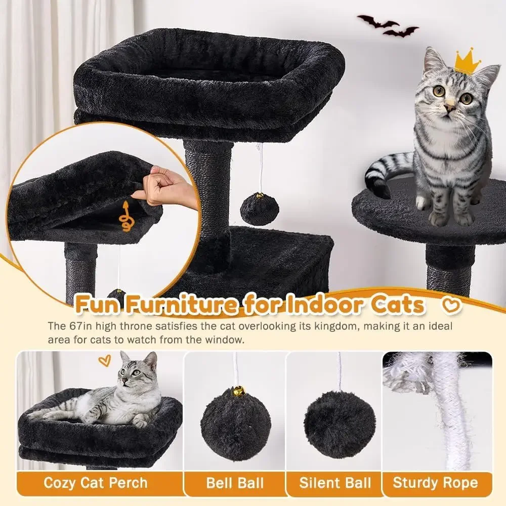 67 Multi-Layered XL Cat Tower for Large Indoor Cats with Hammock, Sisal Scratching Post, Plush Perch, and Condo - Gray - view 3