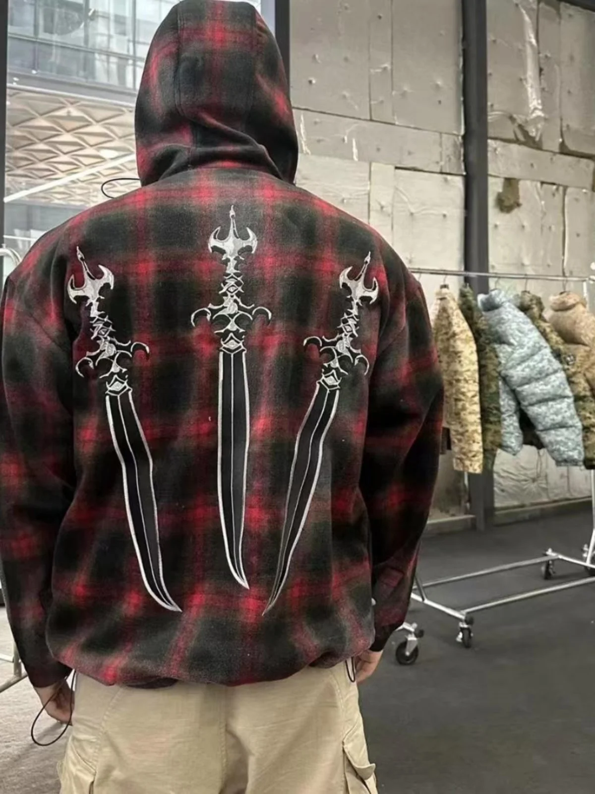 

Thulub Saint Sword Embroidery Flannel Vintage Zipper Hooded Open Cardigan Men's Loose Sweatirt Jaet Trendy Casual Wear