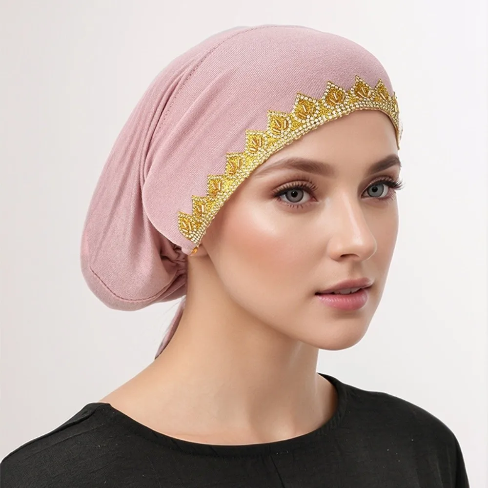 

Soft Stretch Inner Hijabs Elasticity Tie Back Hot Stamping Undercap Golden Floral Embroidery Shiny Golden Rhinestone Turban