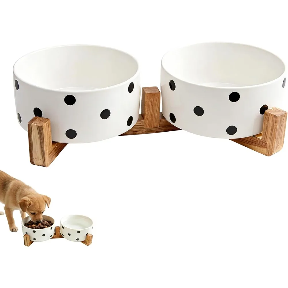 

Elevated Ceramic Pet Bowls Set - Acacia Wood Stand, 28.74oz/850ml Double Raised Cat & Dog Food Water Dish, Anti-Ant Design