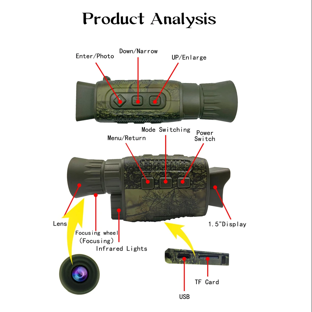 Monokular optyczny do użytku zewnętrznego, urządzenie monokularowe, 9 języków, 5-krotny zoom cyfrowy, odtwarzanie zdjęć i filmów, zasięg widzenia w całkowitej ciemności 200M dla