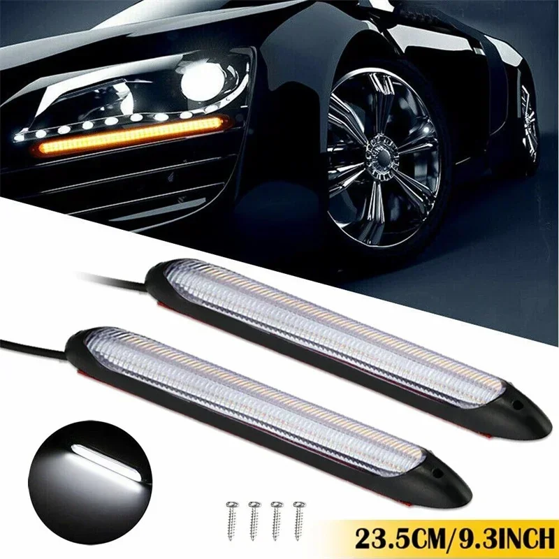

2x Car DRL LED Daytime Running Light Flow Yellow Turn Signal White Waterproof Headlight Strip Sequential Light Universal