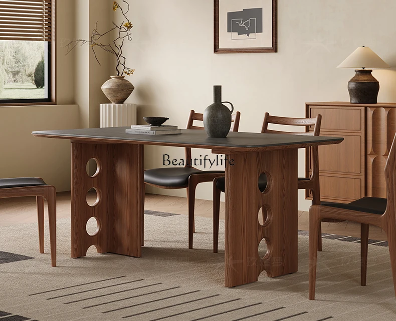 

Vintage Style Solid Wood Rock Board Dining Table White Ash Wood Rectangular Living Room Wabi-Sabi Retro Dining Table