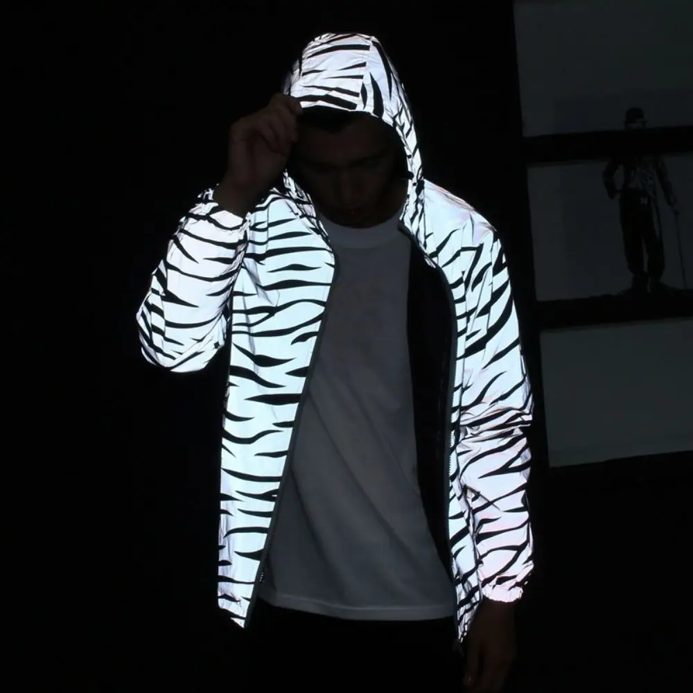 Night Warning Reflective Jackets Windproof Thickened Hooded Jacket Hip Hop Leopard Stripe Reflective Windbreaker Travel