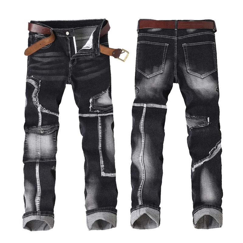 Men's Hole Slim Fit Straight Biker Jeans New Stretch Casual Hip Hop Street Pants Fashion Patchwork Trend Male Denim Trousers