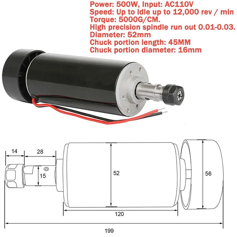Imagem -02 - Motor de Eixo Refrigerado a ar 500w Mais 13 Pcs Mandril Er11 Mais Braçadeiras de 52 mm Mais Governo de Velocidade da Fonte de Alimentação