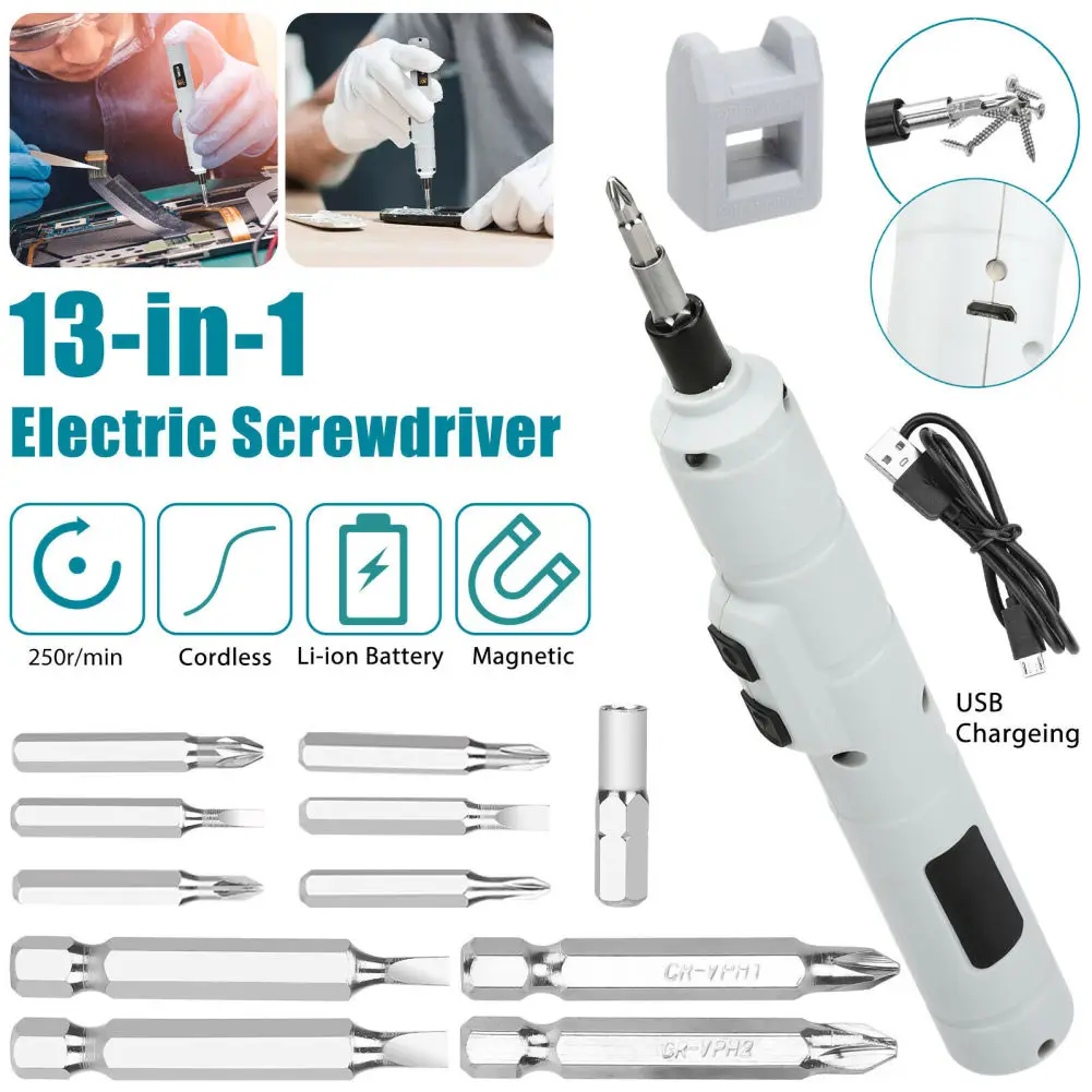 13 In 1 Electric Screwdriver Drill Kit Mini Multifunction Cordless Rechargeable Power Tool With Drill