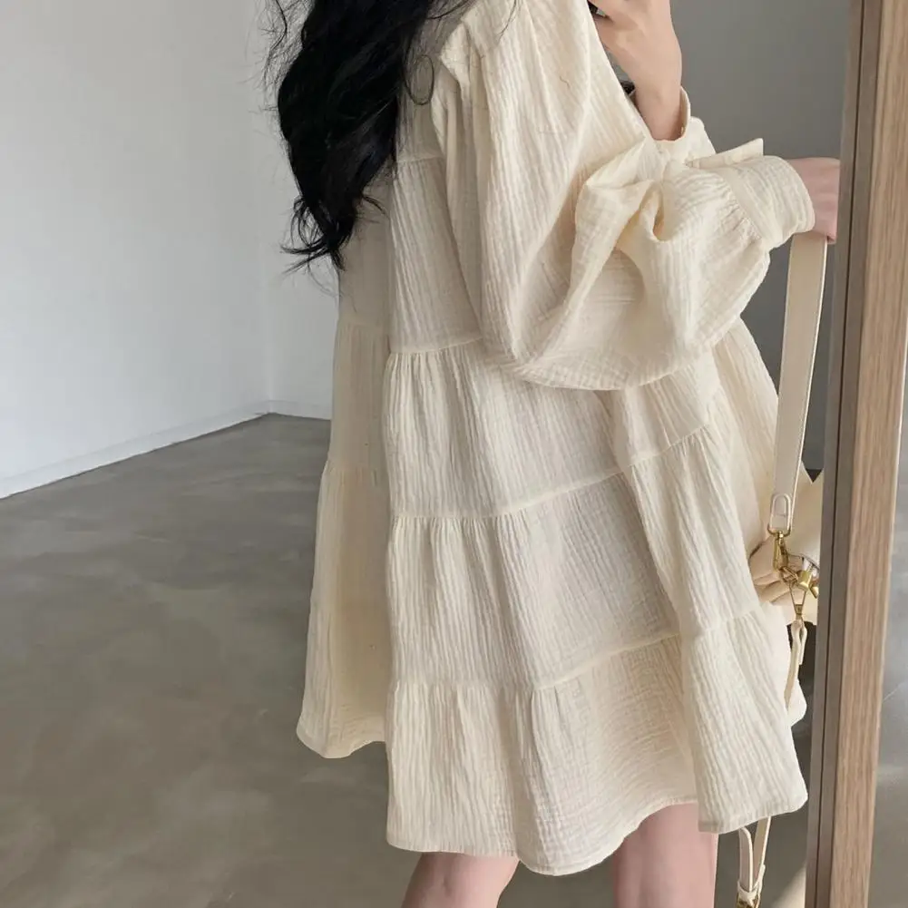 Ruffle Dress Elegant Ruffle Patchwork A-line Dress with Turn-down Collar Puff Sleeves Women's Fall Spring Button-down Mini Dress