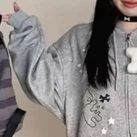 

Kimutomo Hoodies Women Vintage Cartoon Cat Printed Ears Pockets Zipper Y2k Aesthetic Harajuku Sweatshirts Female Fashion Jackets