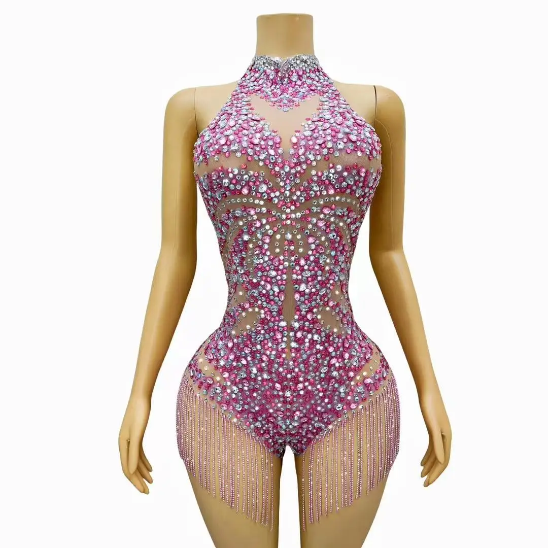 

Flashing Pink Diamonds Bodysuits Crystals Chains Fringes Leotard Evening Birthday Backless Bodysuit Costume Dance Outfit Yinghua