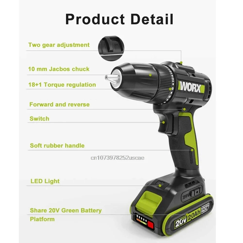 WORX Cordless Electric Drill Screwdriver 50Nm 1800rpm drill Brushless Moto WE212 Univeral Green 20V Battery Platform