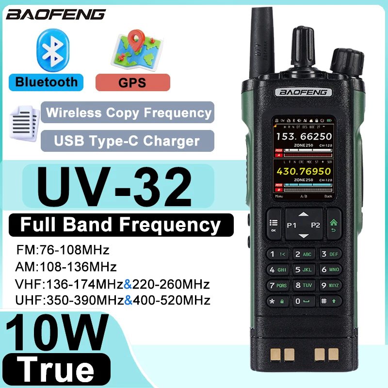 New 10W Baofeng UV 32 Bluetooth Walkie Talkie VHF UHF GPS Multi Band Wireless Copy Frequency Type-C Ham Radio Updated UV-25M 152