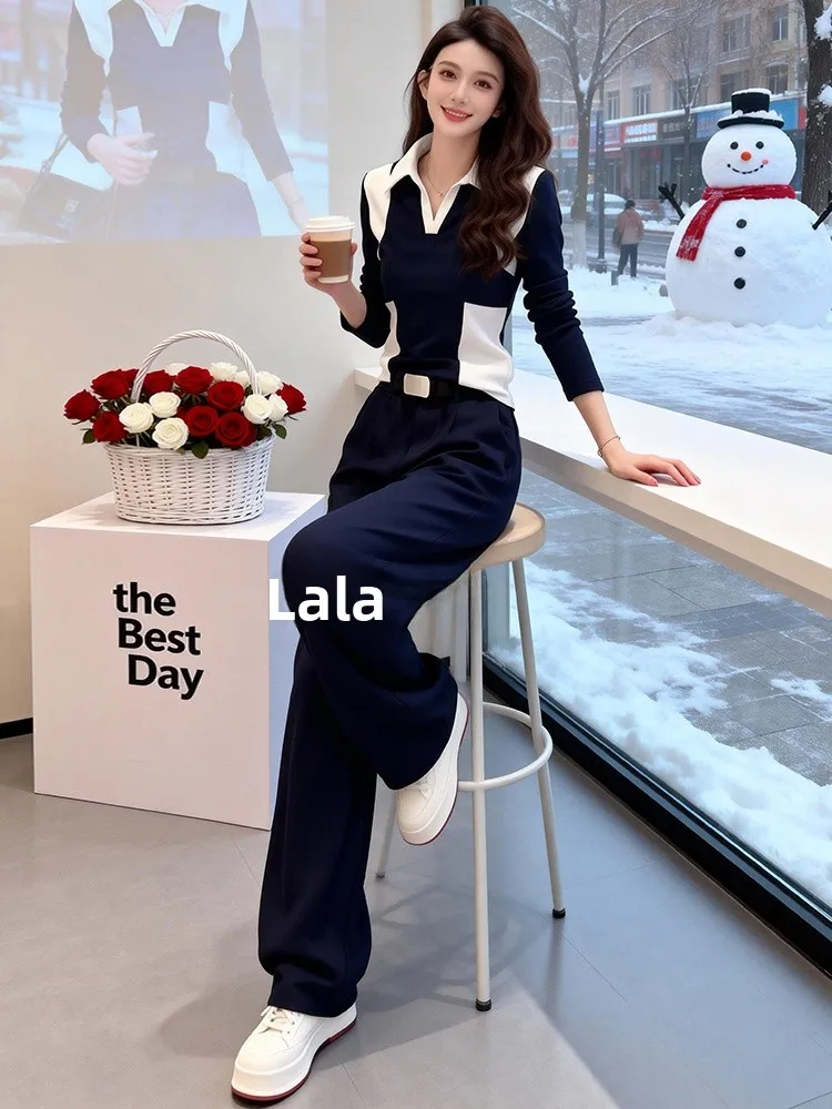 

Blue Long Sleeve Women's Fashionable Wide Leg Pants Two-Piece Set Spring Collection Casual Style Online Exclusive