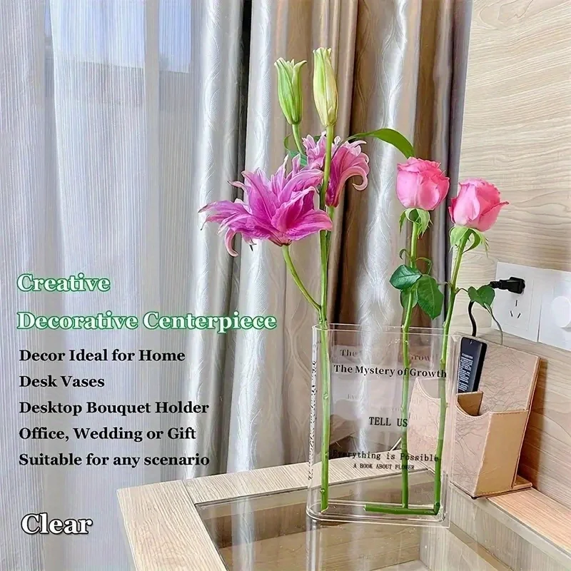 Transparente Acrylvase, transparente, buchförmige Vase, geeignet zum Dekorieren von einzigartigem Häusern, Schlafzimmern und Büros