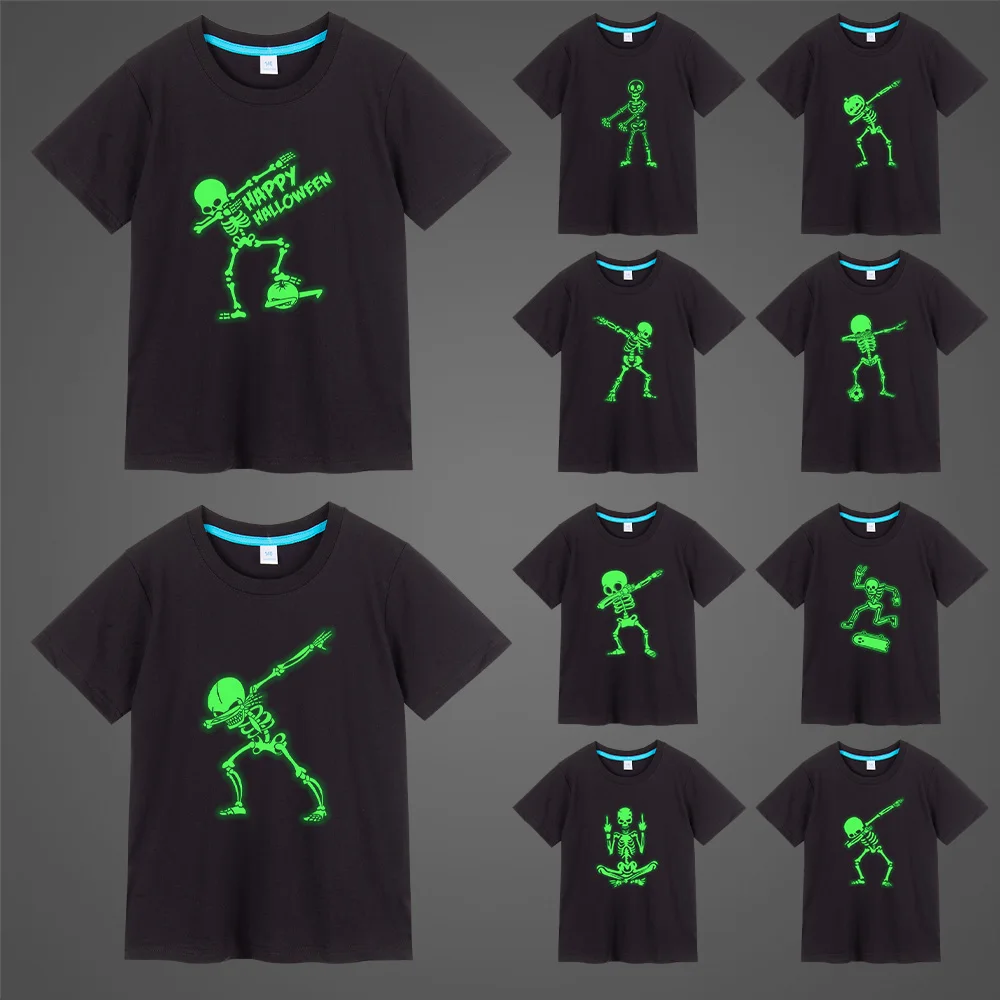 Cool Skeleton Green Fluorescent Luminous Children T-shirt Tops Summer Boy Girl Men Woman T-shirts Punk Party Kids Clothing