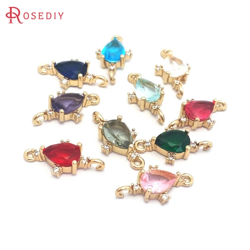 10PCS 9x18MM High Quality Champagne Gold Color Brass and Zircon Glass 2 Holes Drop Shape Connect Charms Pendants Diy Findings