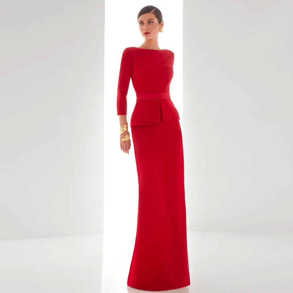 Classic Elegant Party Dresses Woman Red Jersey Ruffles Straight Boat Neck Floor Length Dresses Bespoke Occasion Gown