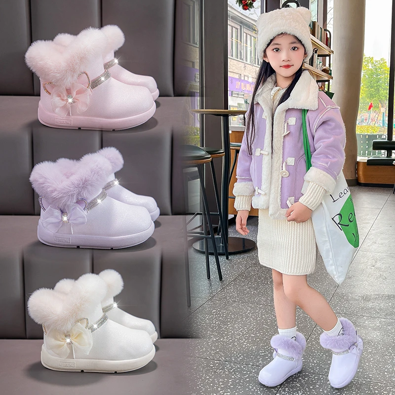 

Toddler Girls Soft Fluffy Leather Boots with Shiny Bow 2025 New Winter Kids Warm Cotton Boots Non-slip Elegant Kids Snow Boots