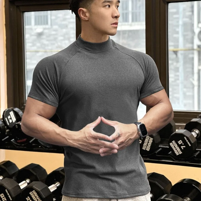GELITAYIN Men Double Side Velvet Short Sleeve Slim Turtleneck Solid Autumn Gym Pullover Fitness Muscle Warm Indoor Outdoor Botto