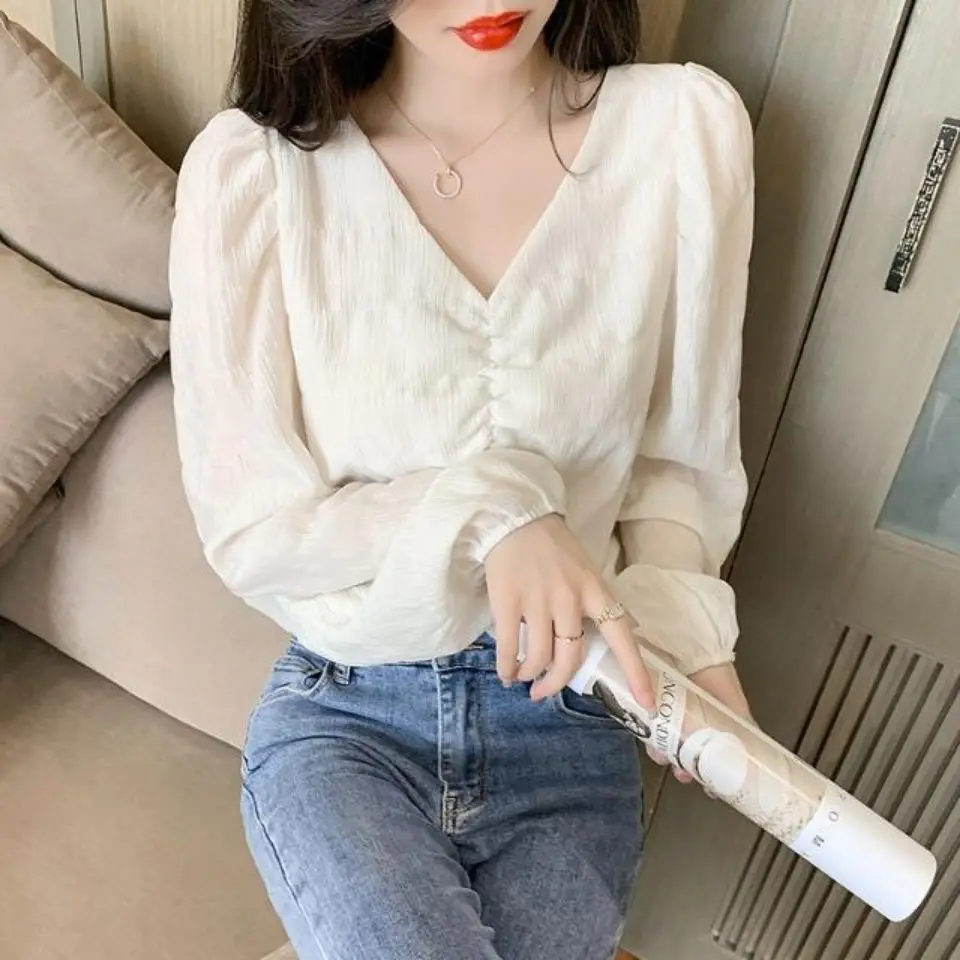 Temperament V-neck Bubble Sleeve Chiffon Shirt Women's Spring Autumn New Loose Casual Long Sleeve Folded Short Top