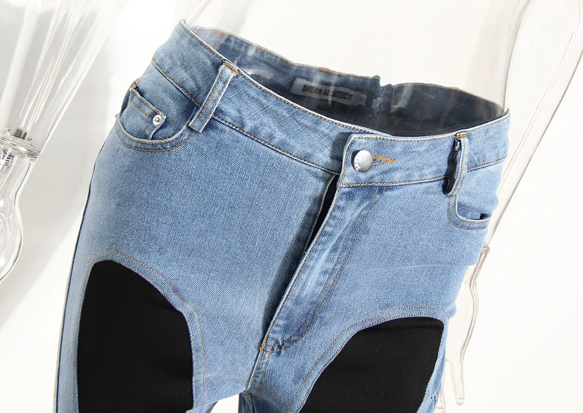 Niche jean femme Style déconstructif couleur contrastée jean printemps Sexy fille épicée minceur jambes longues pantalon taille haute