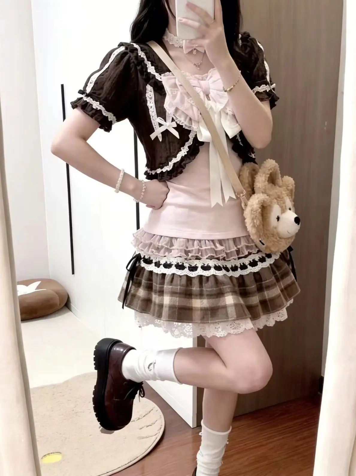

New Summer Japanese Style Sweet 3 Piece Set for Women Lace Bow High Waist Design Mini Skirt Suit Chic Retro Daily Female Outfits