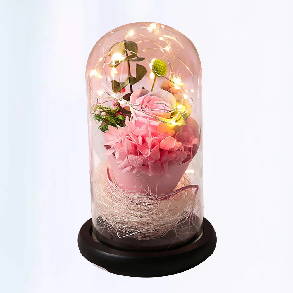 

LED Preserved Rose Light in Glass Dome with Wooden Base Bright Long-Lasting Artificial Flower Lamp for Bedroom