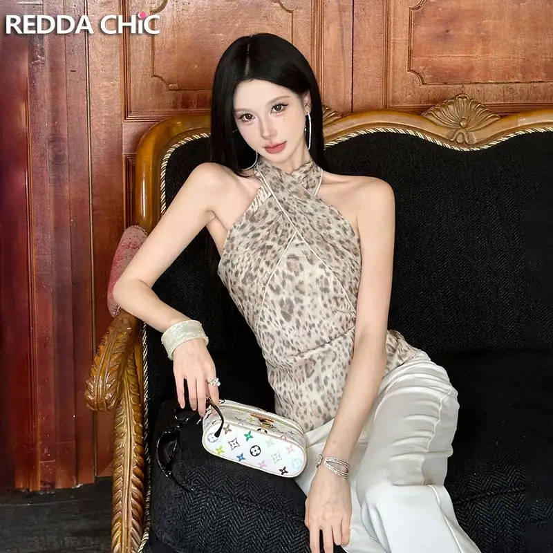 ReddaChic Women Leopard Print Chiffon Halter Top Retro Trendy Slim Criss Cross Sleeveless Camisole Hotties Y2K Summer Clothes