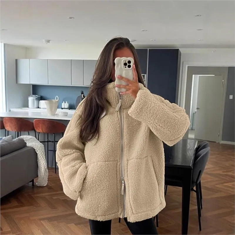 Cappotto in pile da donna tinta unita stile slouchy foderato in lana di agnello dolcevita con zip in lana manica lunga con tasche nuovo autunno inverno