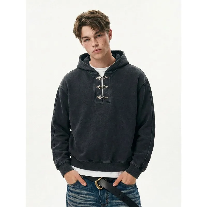 2026 New American Retro Airplane Buckle Half Open Collar Hoodie for Men Spring Autumn Loose Casual Hooded Sweatshirt Streetwear