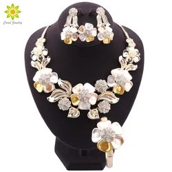 Elegant Women's Flower Necklace Earrings Bracelet Ring Dubai Gold Color Jewelry Set Fashion Wedding Party Anniversary Gifts