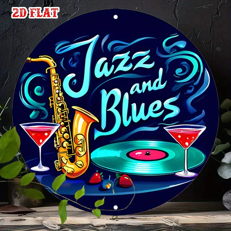 1pc Round Aluminum Sign - Jazz & Blues Saxophone & Martini Glass Metal Wall Art, Contemporary Bohemian Indoor Decor
