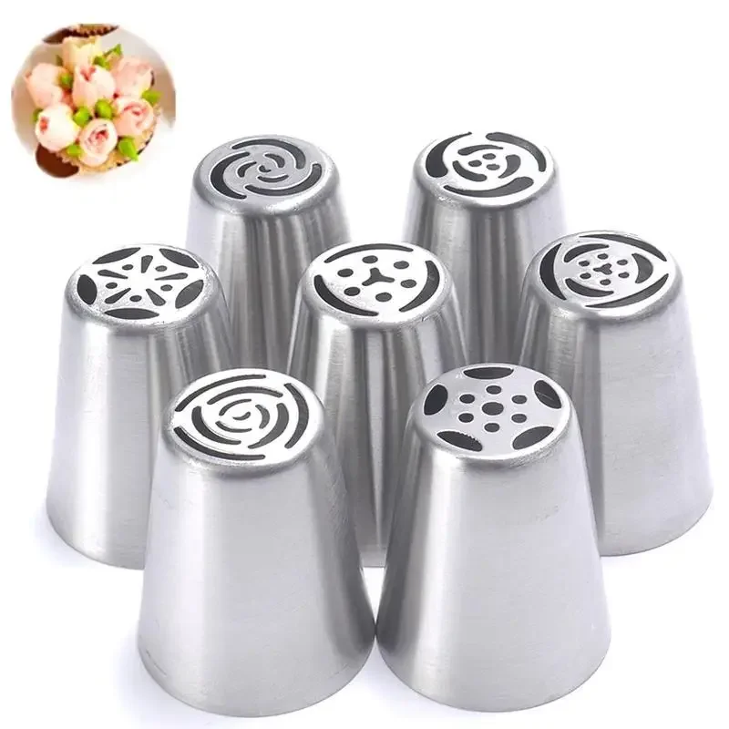 7pc Pastry Nozzles Tulip Icing Rose Russian Flower Icing Piping Cake Decorating Tools Nozzle Cream Cupcake Baking Accessories