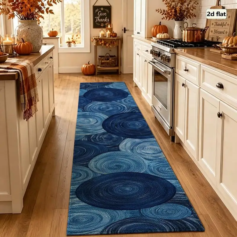 1PC Abstract Blue Swirl Running Rugs, Hallway Rugs, Washable And Easy-to-maintain Home Decoration Carpet, Suitable For Hallways, Passages, Stairs, Bedrooms, Bedside, Laundry Rooms, Kitchens Etc
