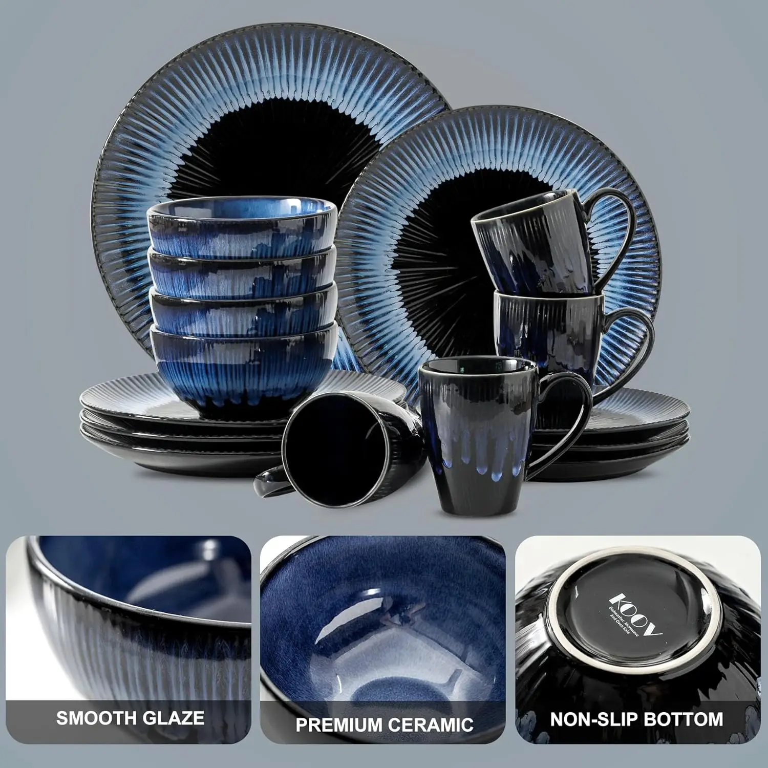 طقم أواني طعام سيراميك مكون من 16 قطعة، أطباق، أكواب للحفلات، آمنة للاستخدام في الميكروويف وغسالة الأطباق، طلاء تفاعلي (نيبولا أزرق)