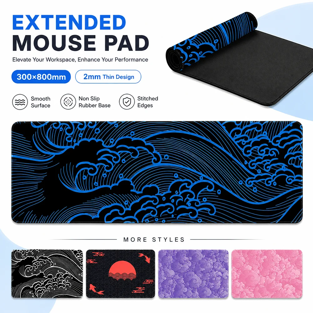 Gaming Keyboard Blue - Mavi Dalga Desenli Genişletilmiş Mouse Pad