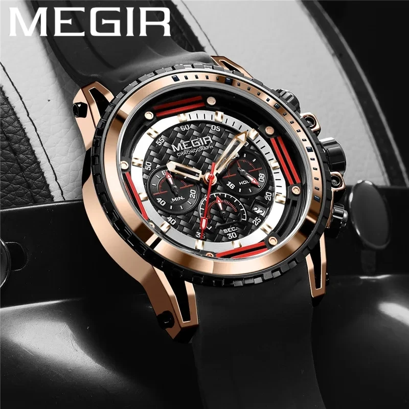 MEGIR 2143 Men\'s Watch Fashion Cool Sports Multifunctional Chronograph Date Silicone Waterproof Quartz Watches for Male Outdoors