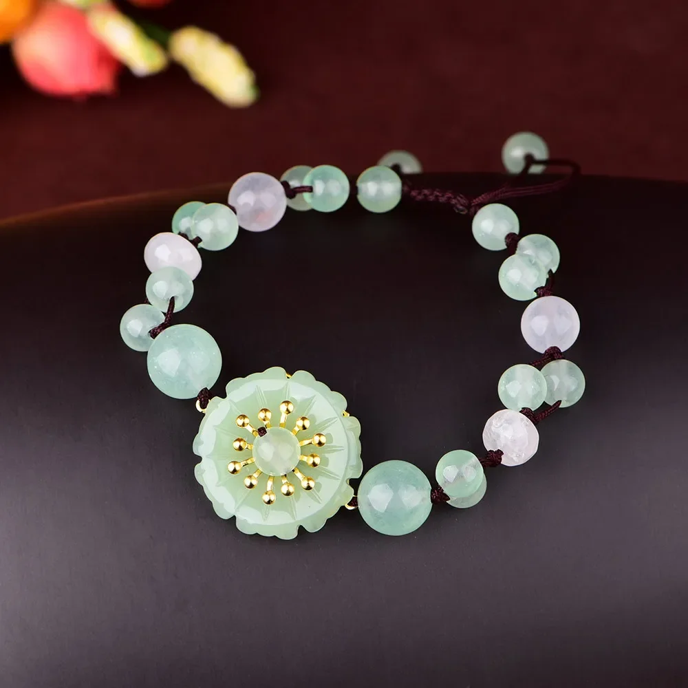 

Green Jade Stone Jadeite Emerald Flower Bracelet Charm Jewellery Fashion Accessories Chinese Carved Amulet Gifts for Women Her