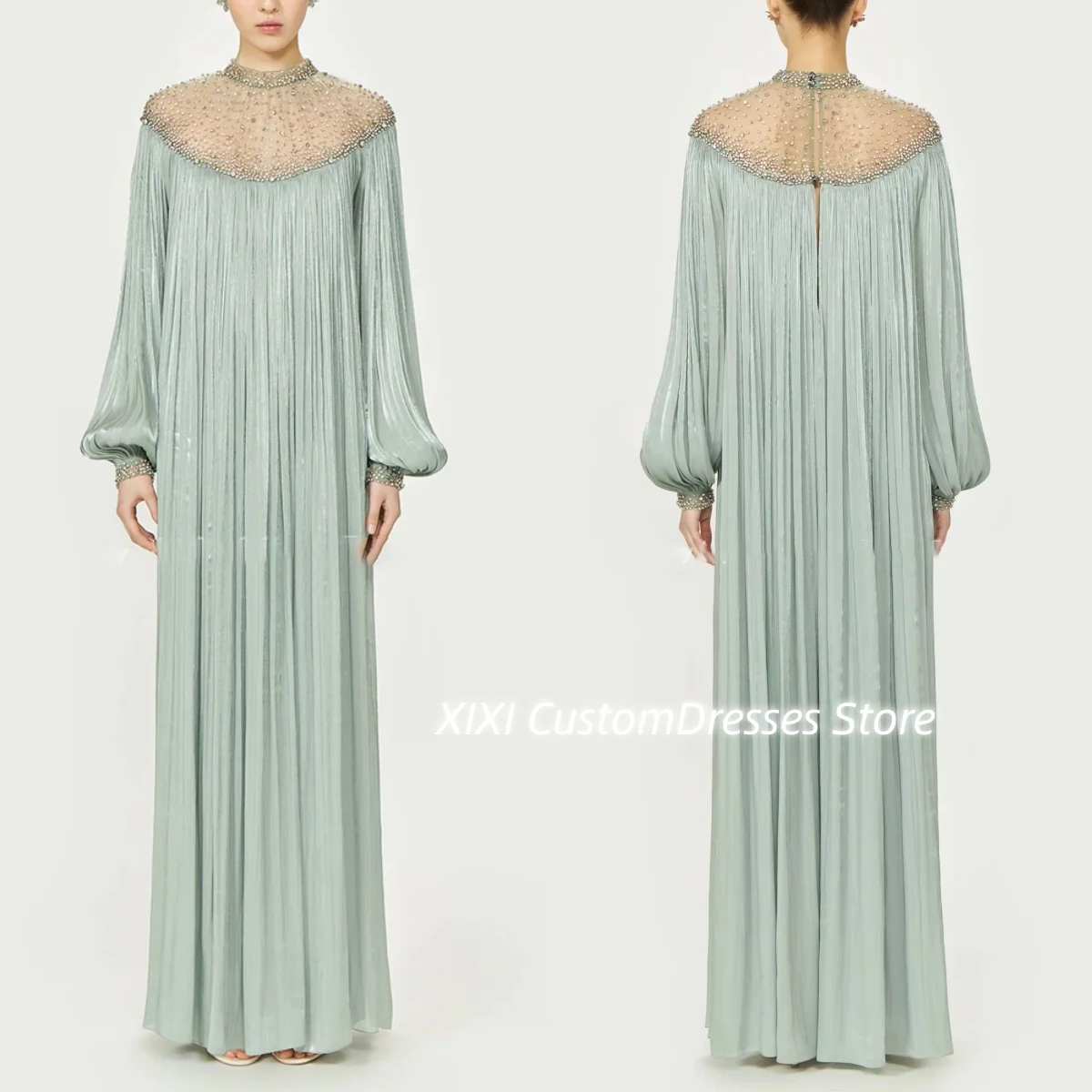 

Настройте платья длиной до пола с овальным вырезом и бисером для выпускного вечера, платья на молнии с длинными рукавами для особых случаев